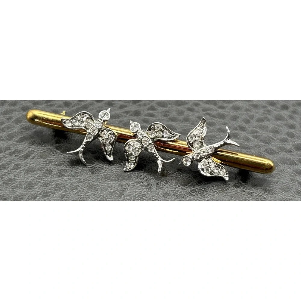 Atwood & Sawyer Victorian Revival Rhinestone Swallow Birds Bar Brooch Gold Tone